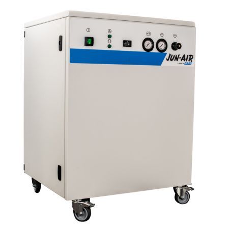 A white Jun-AIR air compressor with control panel on wheels.