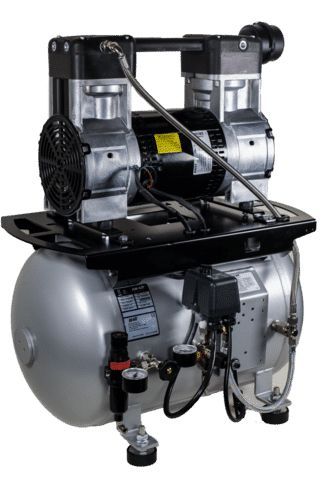Silver air compressor with black accents and gauges.