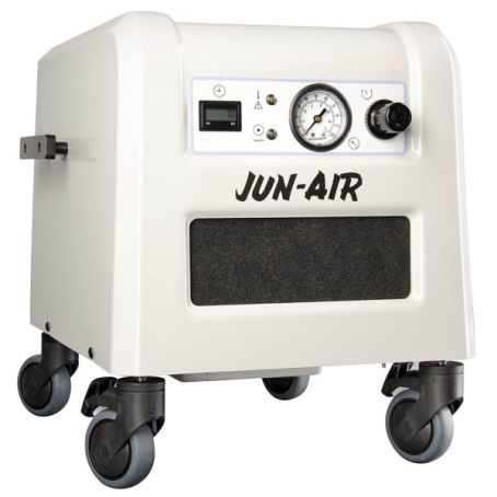 White Jun-Air air compressor on wheels with a gauge, control panel, and the brand name displayed.