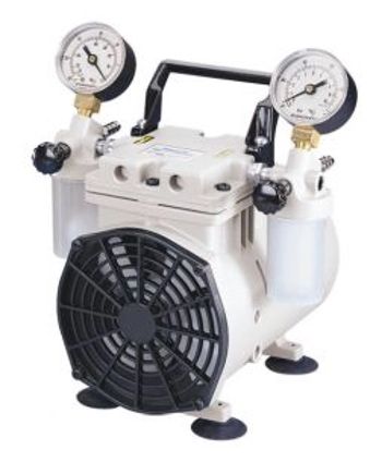 White vacuum pump with two gauges, black fan, handle, and suction cups.
