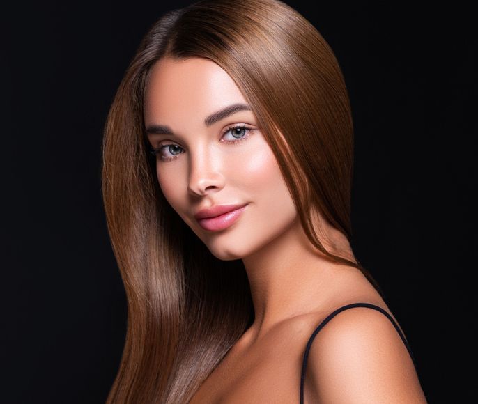 Woman with smooth, straight brown hair, smiling, against a black background.