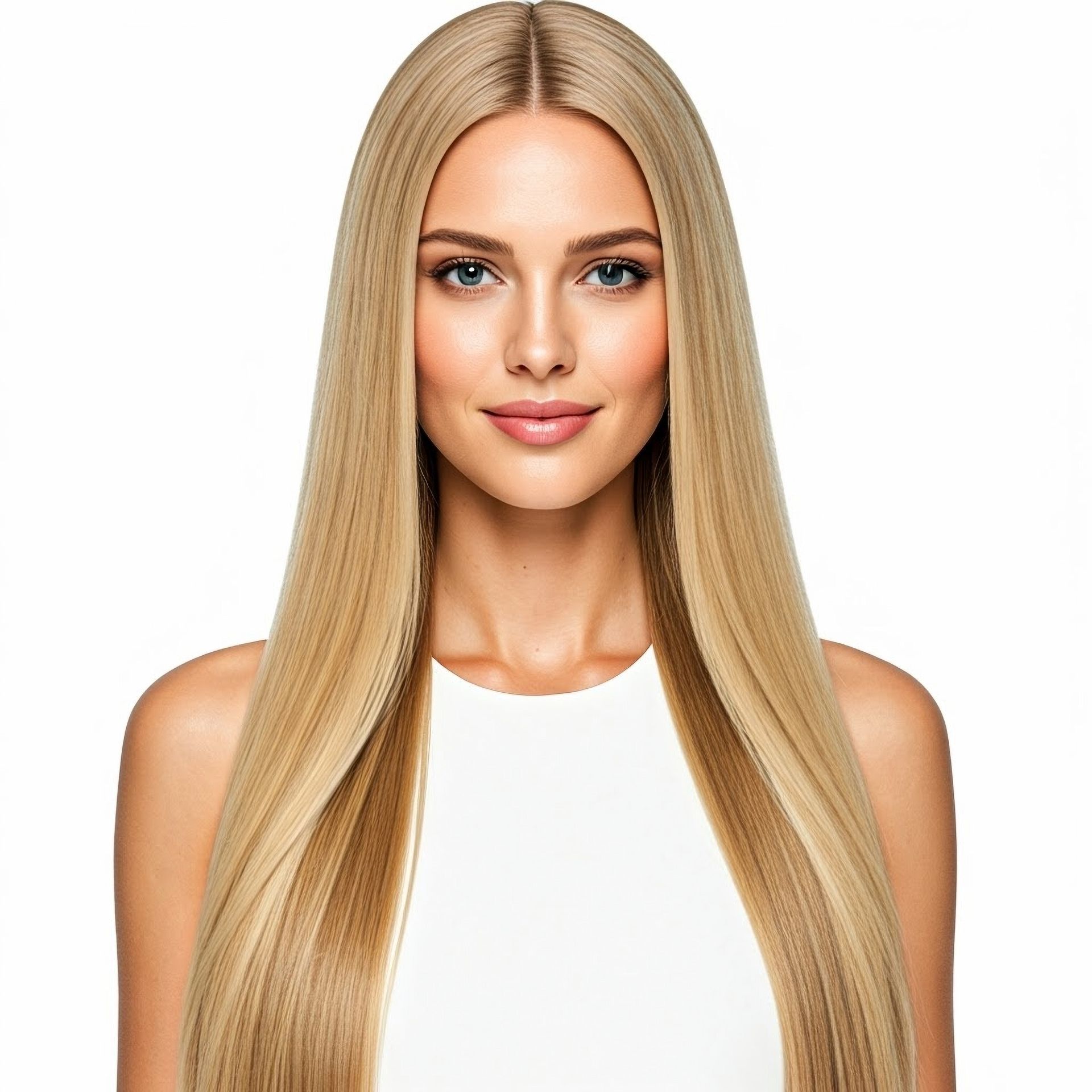 Woman smiles, hand in hair, with gold hoop earrings and sunlight.