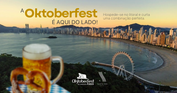 Oktoberfest em Balneário Camboriú, Brasil. Cerveja e pretzel em primeiro plano, horizonte da cidade ao fundo.