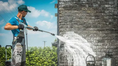 Man pressure washing a brick wall, removing dirt and grime. He's wearing a hat, gloves, and overalls, outdoors on a sunny day.