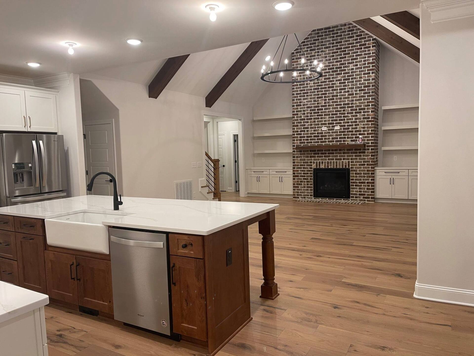 vaulted open kitchen and fireplace
