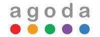 a logo for agoda with rainbow colored dots on a white background .