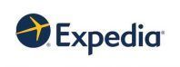 the expedia logo is a blue circle with a yellow star on it .