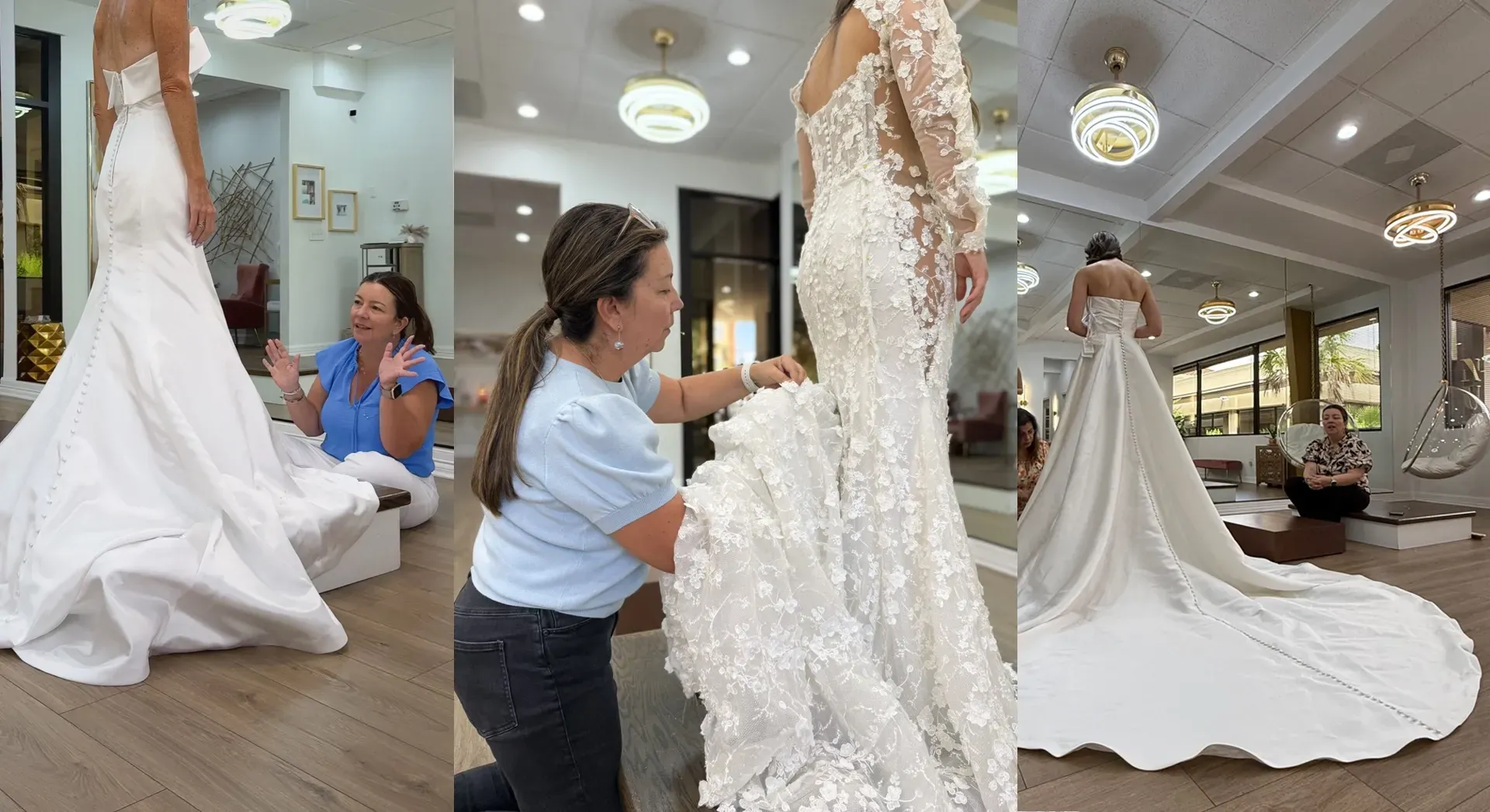 A wedding dress is being adjusted in a bridal boutique, with a long train spread across the floor.