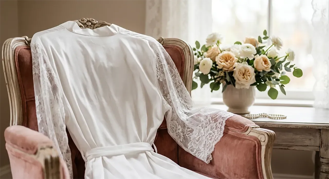 A white dress with lace sleeves rests on a vintage pink armchair next to a vase of light-colored flowers near a window.