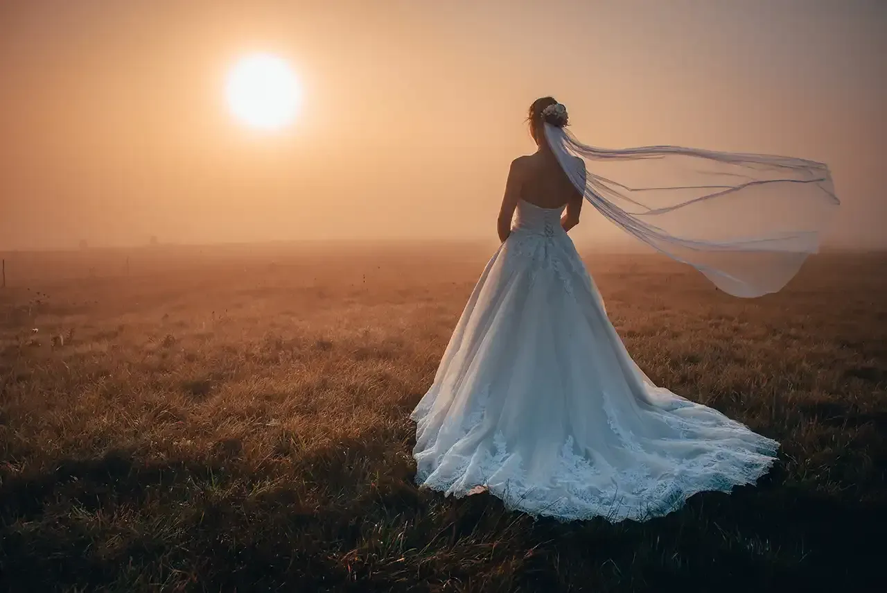 A bride in a wedding dress and veil is standing in a field at sunset.