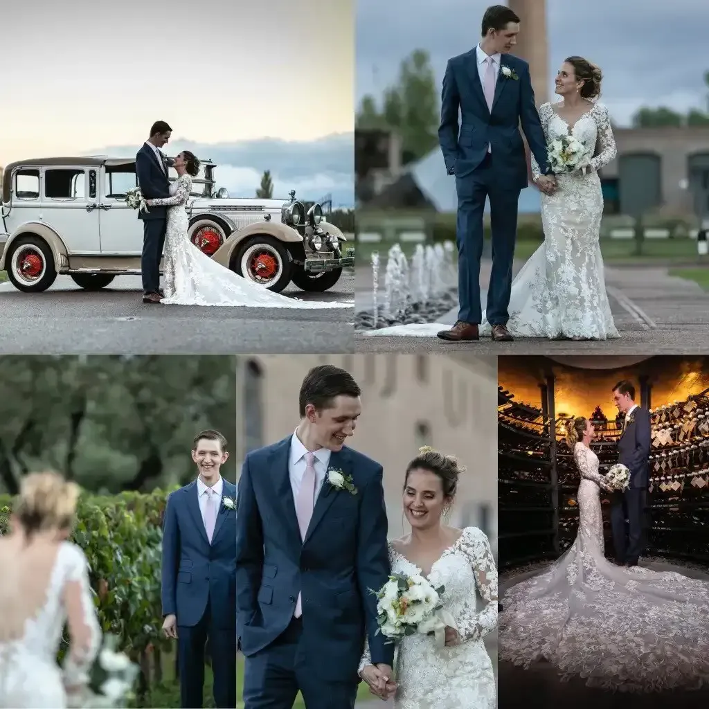 A collage of photos of a bride and groom holding hands