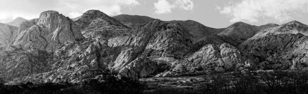 A black and white photo of a mountain range with trees in the foreground.