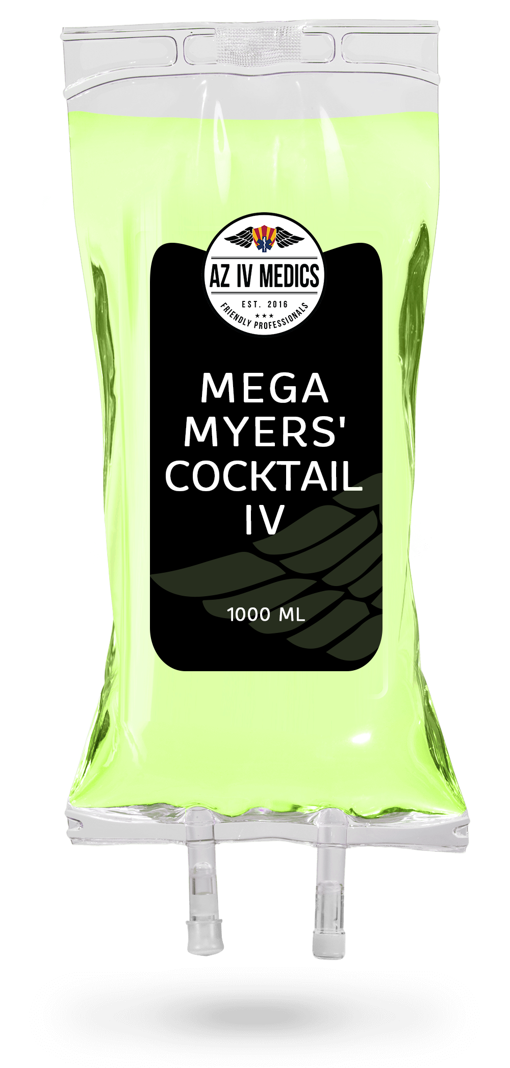 A bag of mega myers cocktail iv on a white background