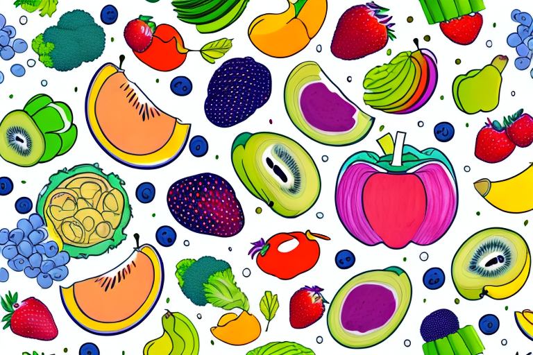 A seamless pattern of fruits and vegetables on a white background