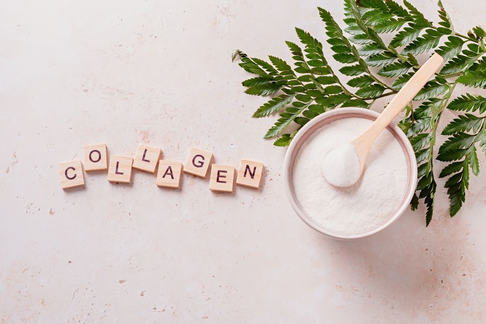 A bowl of collagen next to a wooden spoon and fern leaves.