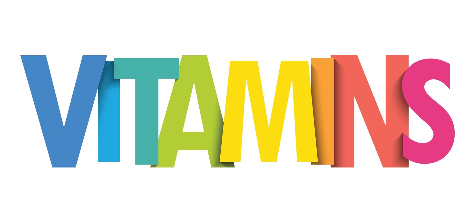 The word vitamins is written in colorful letters on a white background.