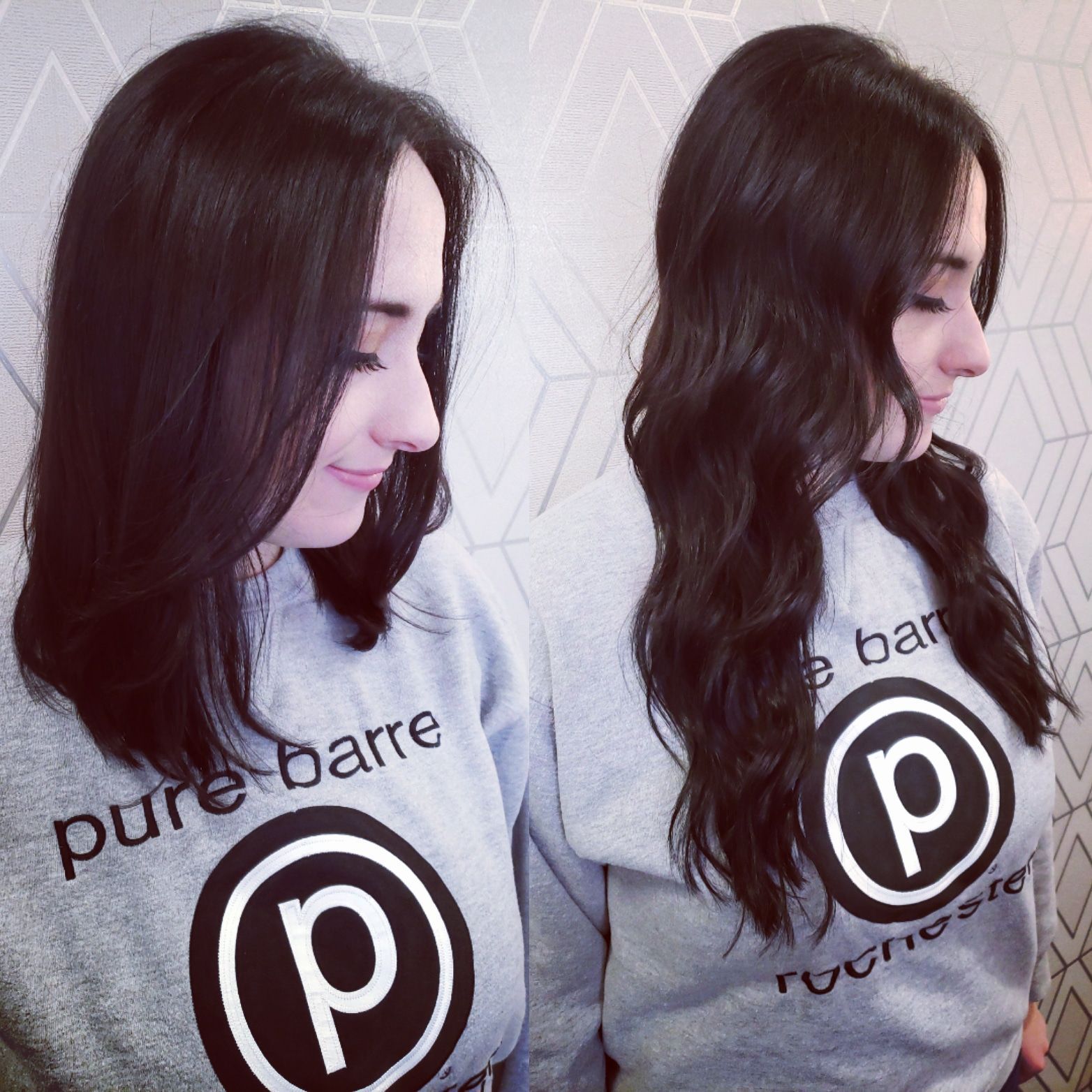 Woman with straight and wavy black hair wearing a grey