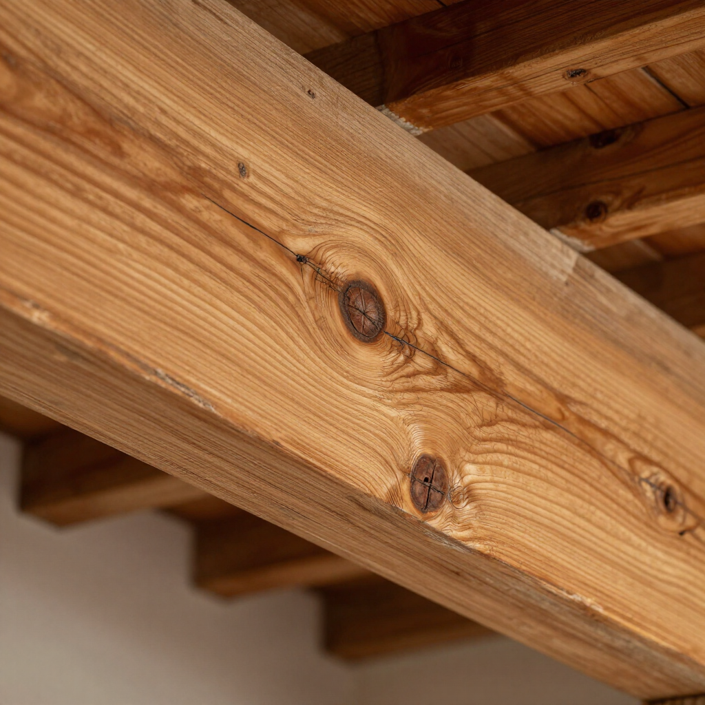 Gros plan sur une poutre de plafond rustique en bois présentant des motifs de grain distincts et plusieurs nœuds foncés.
