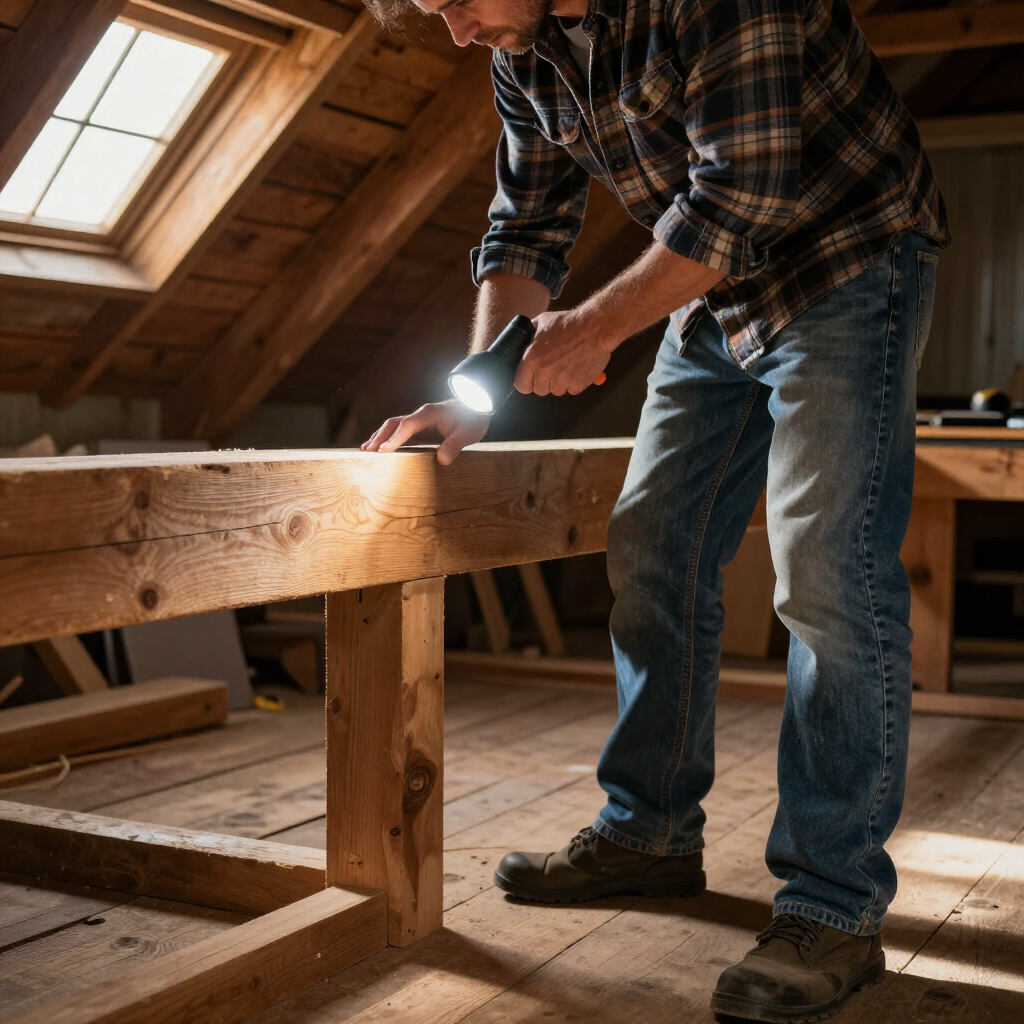 Une personne utilise une lampe de poche pour inspecter une poutre en bois dans un atelier sous les combles, baigné de soleil.