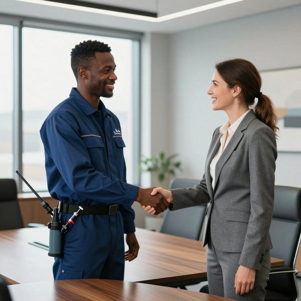 Dans un bureau moderne, un professionnel en uniforme bleu serre la main d'un professionnel en costume gris.