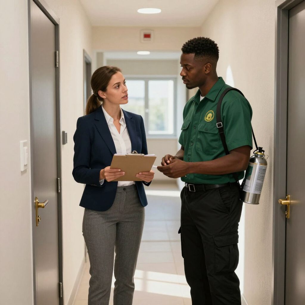 Dans un couloir, une femme en blazer, tenant un bloc-notes, parle à un employé en uniforme vert qui porte un extincteur.