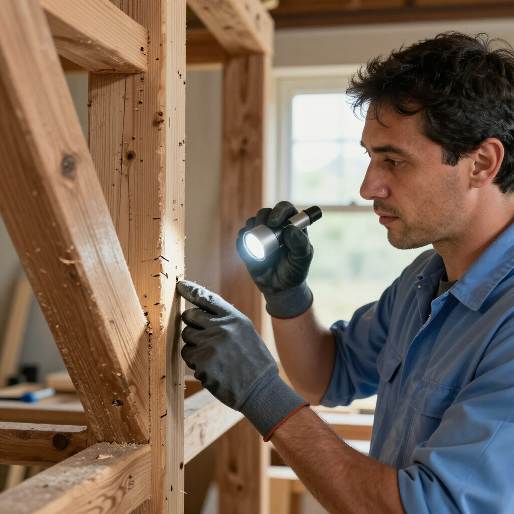 Un professionnel utilise une lampe pour inspecter une charpente en bois à la recherche de dégâts causés par des parasites.