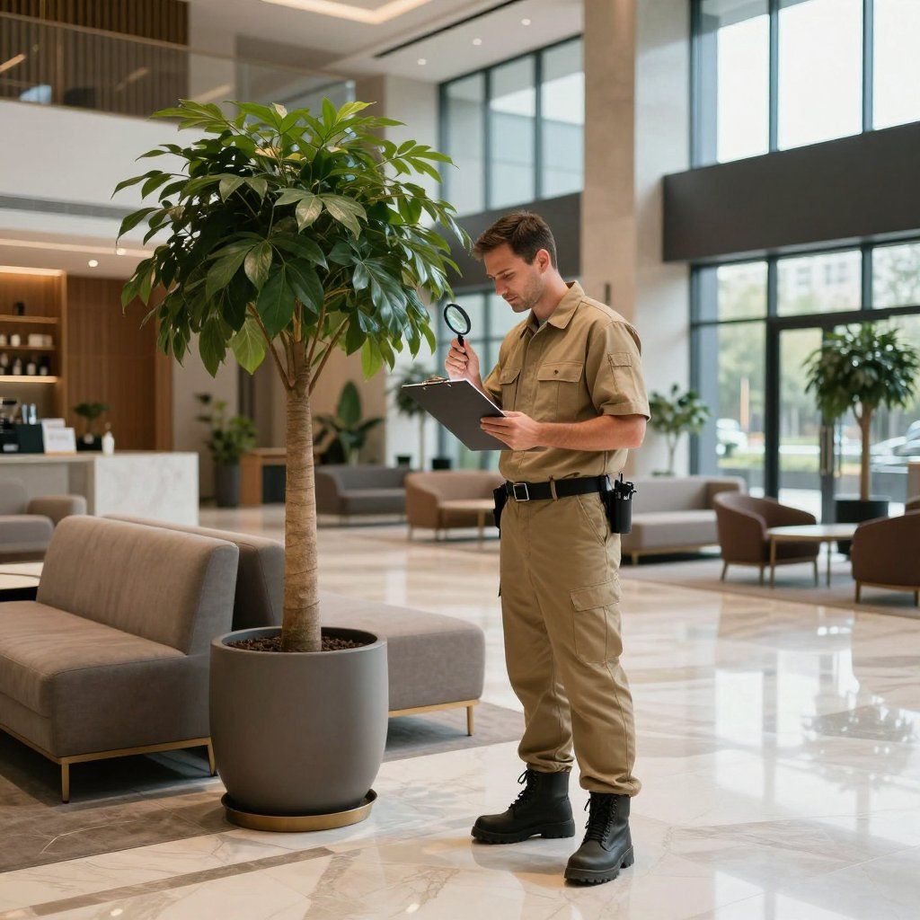 Un agent de sécurité en uniforme beige se tient dans un hall, examinant à la loupe les feuilles d'une grande plante en pot.