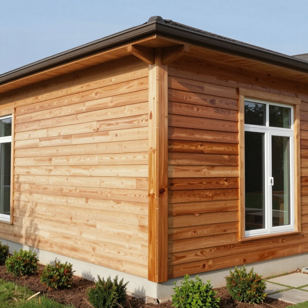 Angle extérieur d'une maison en bois avec bardage horizontal en cèdre, encadrements de fenêtres blancs.