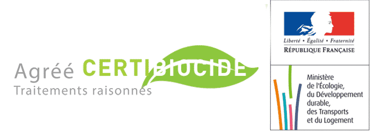 Logo pour les traitements raisonnables certifiés Certibiocide avec l'emblème du gouvernement français.