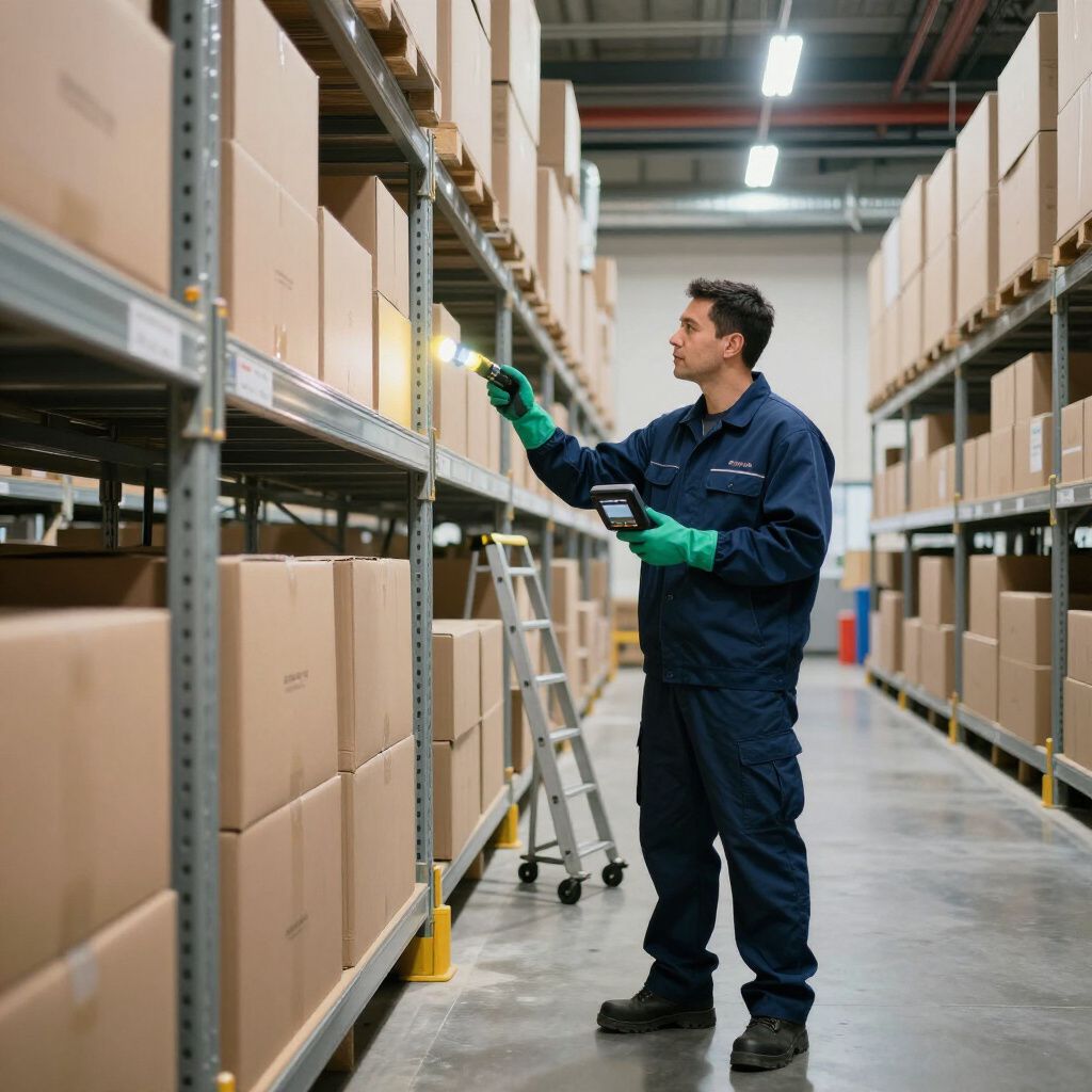 Un employé d'entrepôt, scanne une boîte en carton sur une étagère en hauteur à l'aide d'un scanner portable.