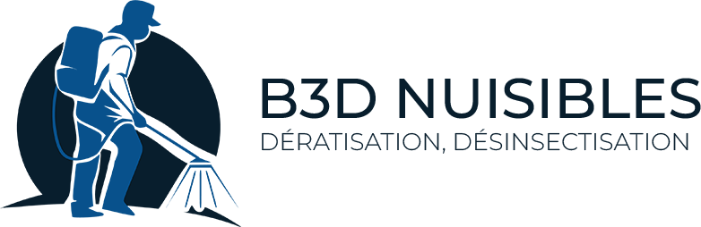 Logo for B3D Nuisibles featuring a person with a backpack sprayer inside a circle, text