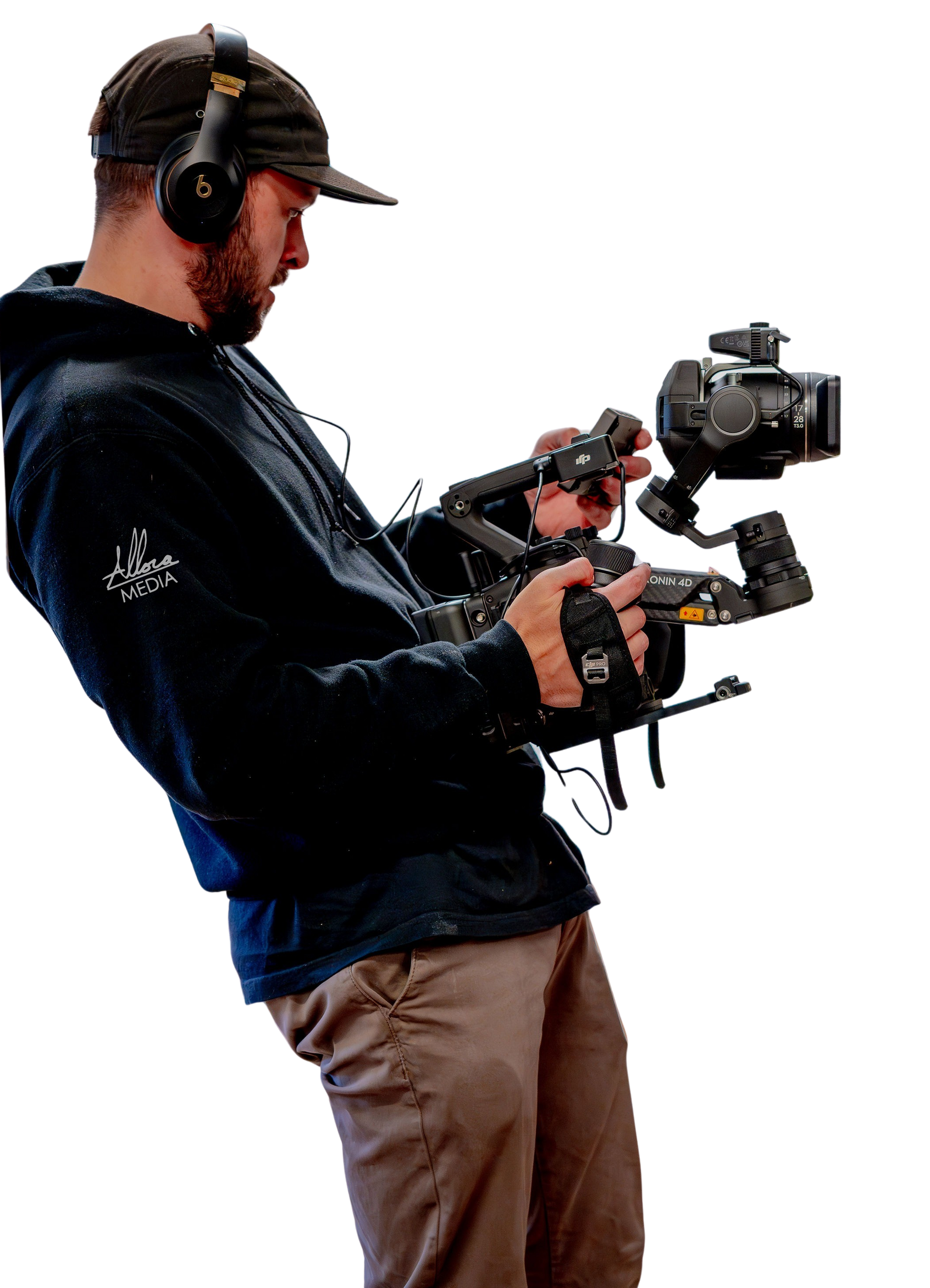 A man is holding a camera and wearing headphones.