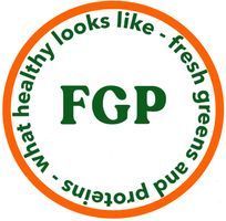 A logo for fgp that says `` what healthy looks like - fresh greens and proteins ''.