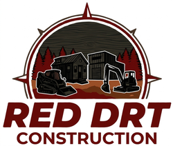 Red Drt Construction logo with maroon compass, cabin, excavator, and trees