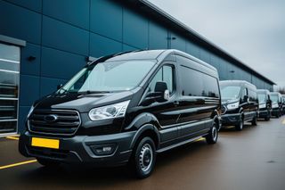 A row of black vans parked in front of a building.