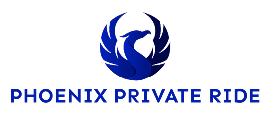 The logo for phoenix private ride shows a blue phoenix in a circle.