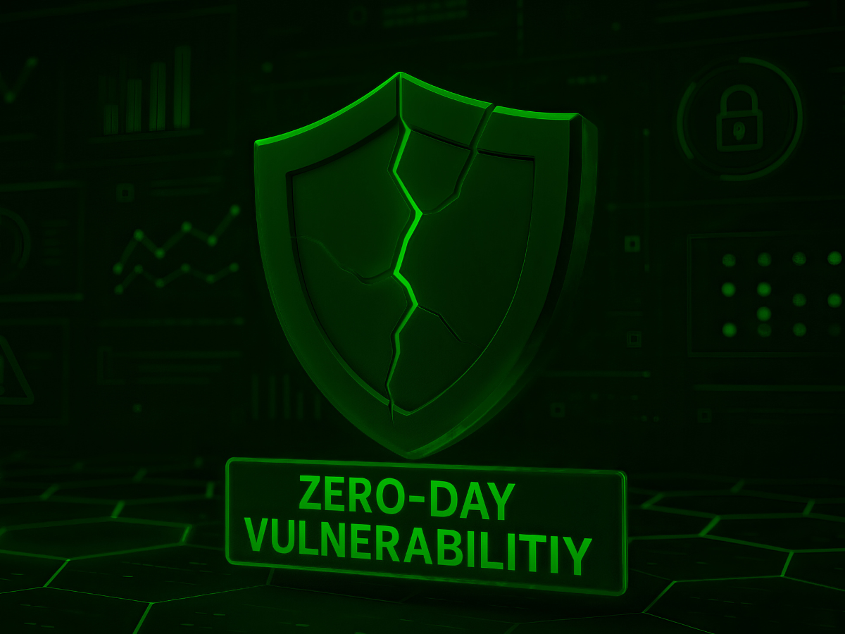 Green shield with a crack, the text 