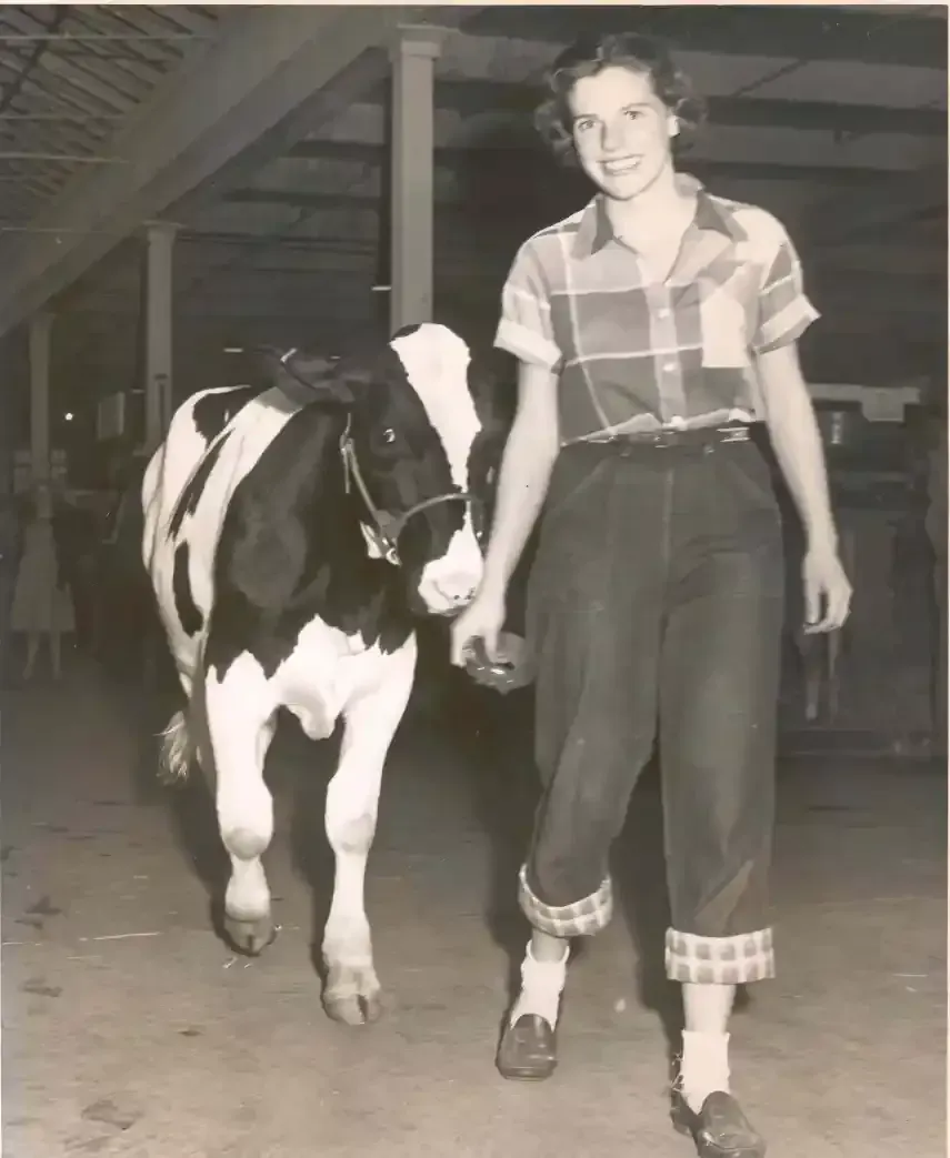 a black and white photo of a woman walking a cow