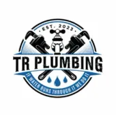 Logo for TR Plumbing featuring crossed pipe wrenches, a faucet, and water drops; text: "If water runs through it we do it."