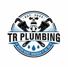 Logo for TR Plumbing featuring crossed pipe wrenches, a faucet, and water drops; text: "If water runs through it we do it."