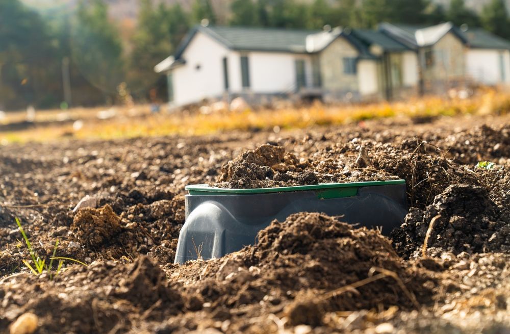 A buried, dark gray irrigation valve box in a patch of dirt with houses in the blurred background.