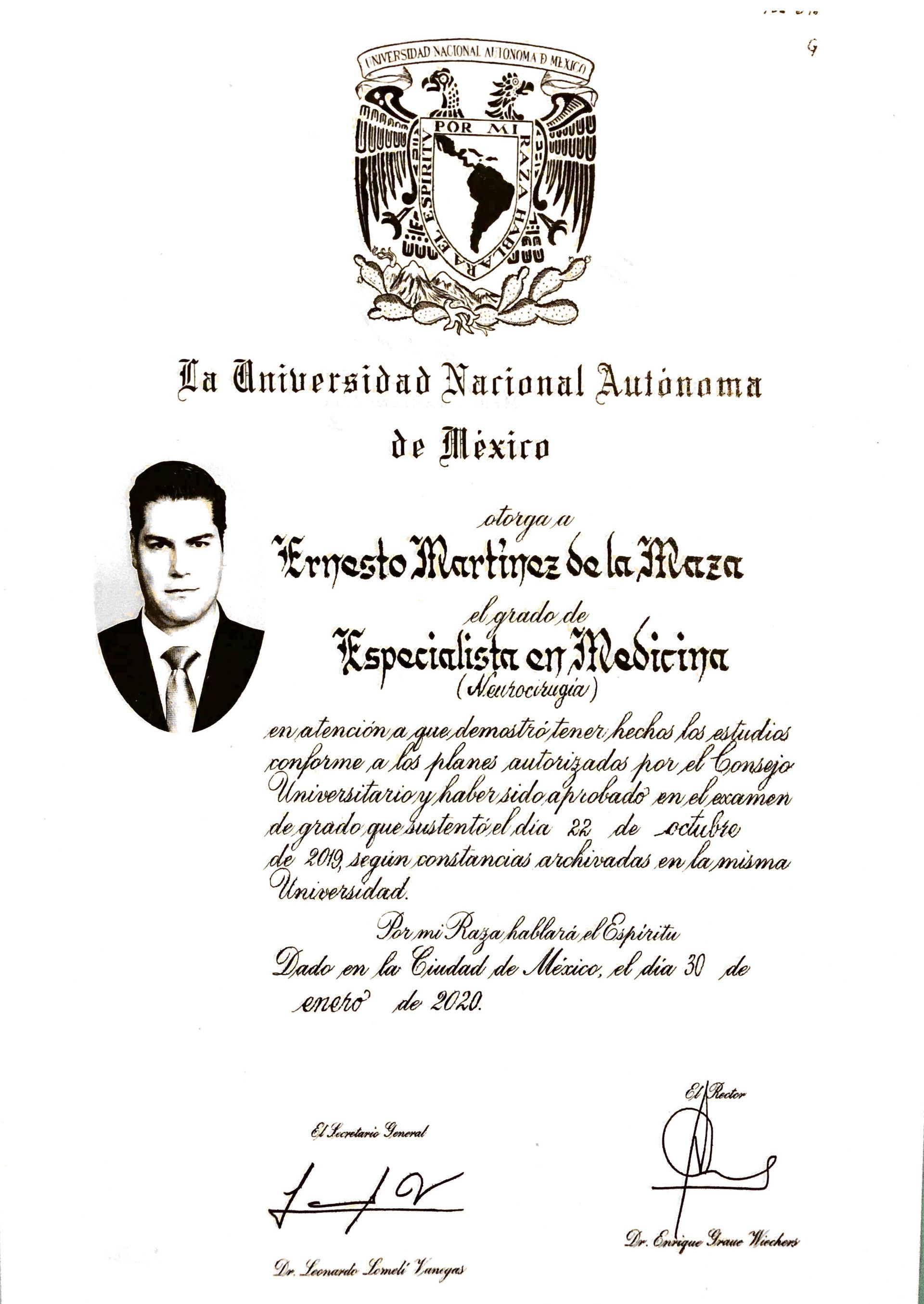 Diploma from Universidad Nacional Autónoma de México, with a portrait of Ernesto Martinez de la Mesa.