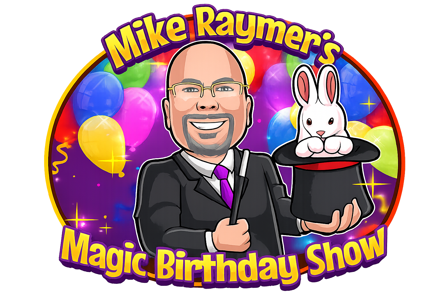 Magician holding a wand and rabbit emerging from a top hat, with balloons and text 