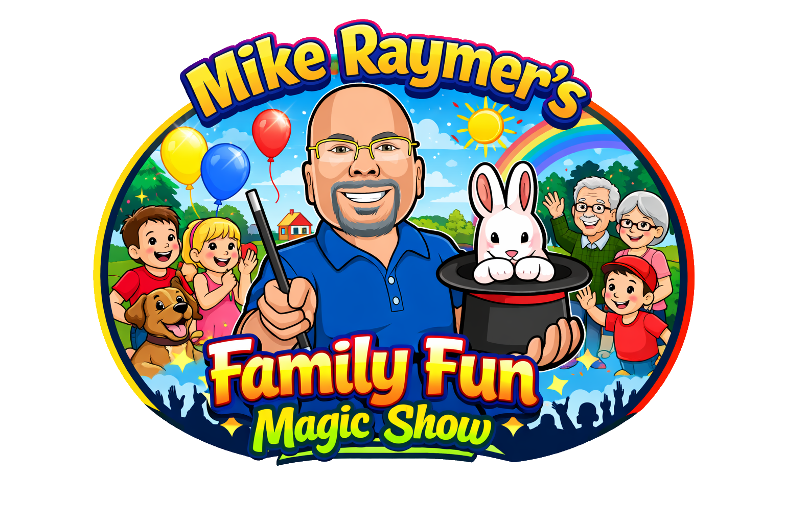 Magician holding a wand and rabbit emerging from a top hat, with balloons and text 