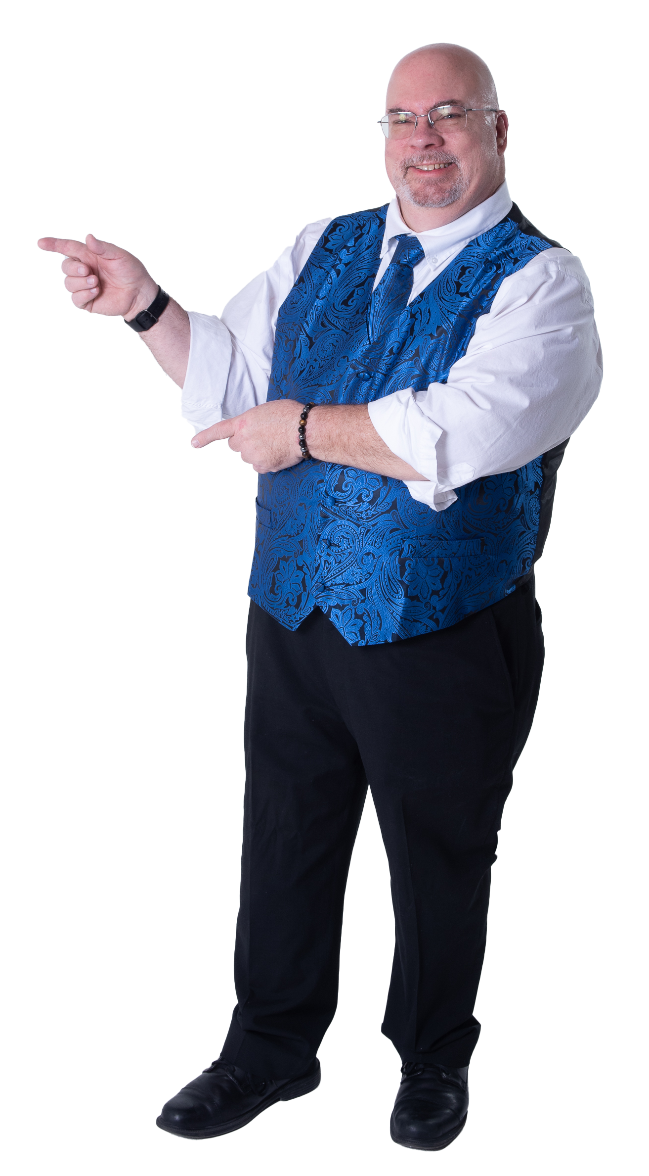 A man in a blue vest is pointing at something