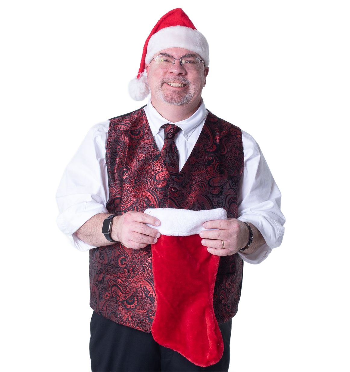 Man in Santa hat and vest holding a Christmas stocking.
