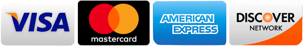 Logos for Visa, Mastercard, American Express, and Discover credit cards.