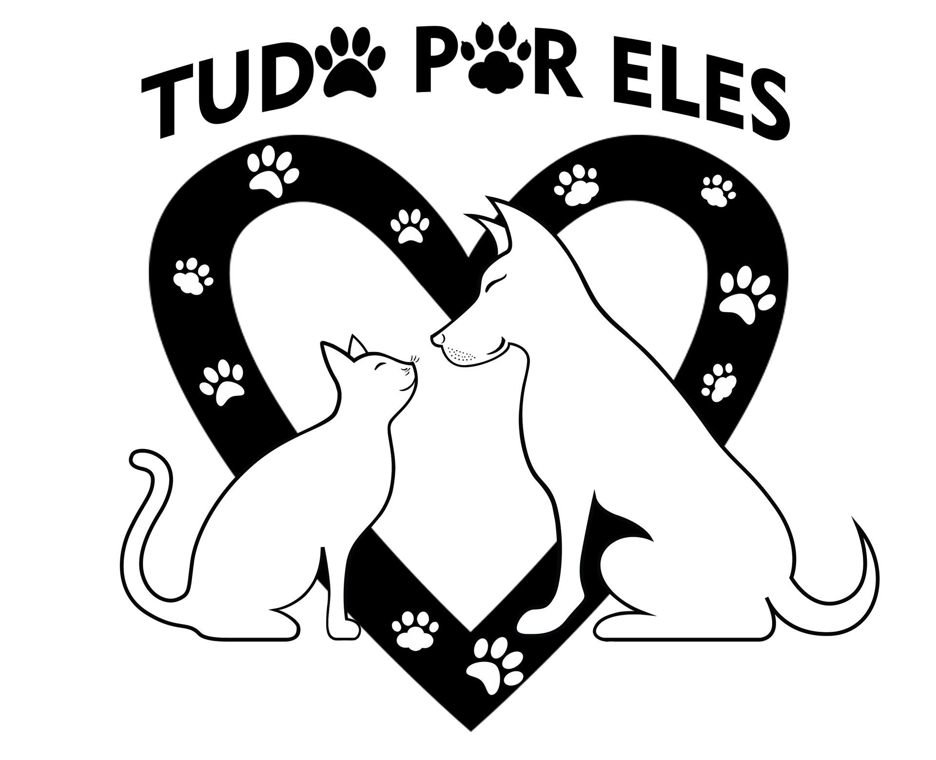 Um desenho em preto e branco de um cachorro e um gato em um coração.