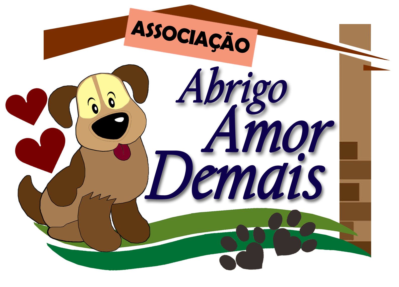 A logo for abrigo amor demais with a dog and hearts