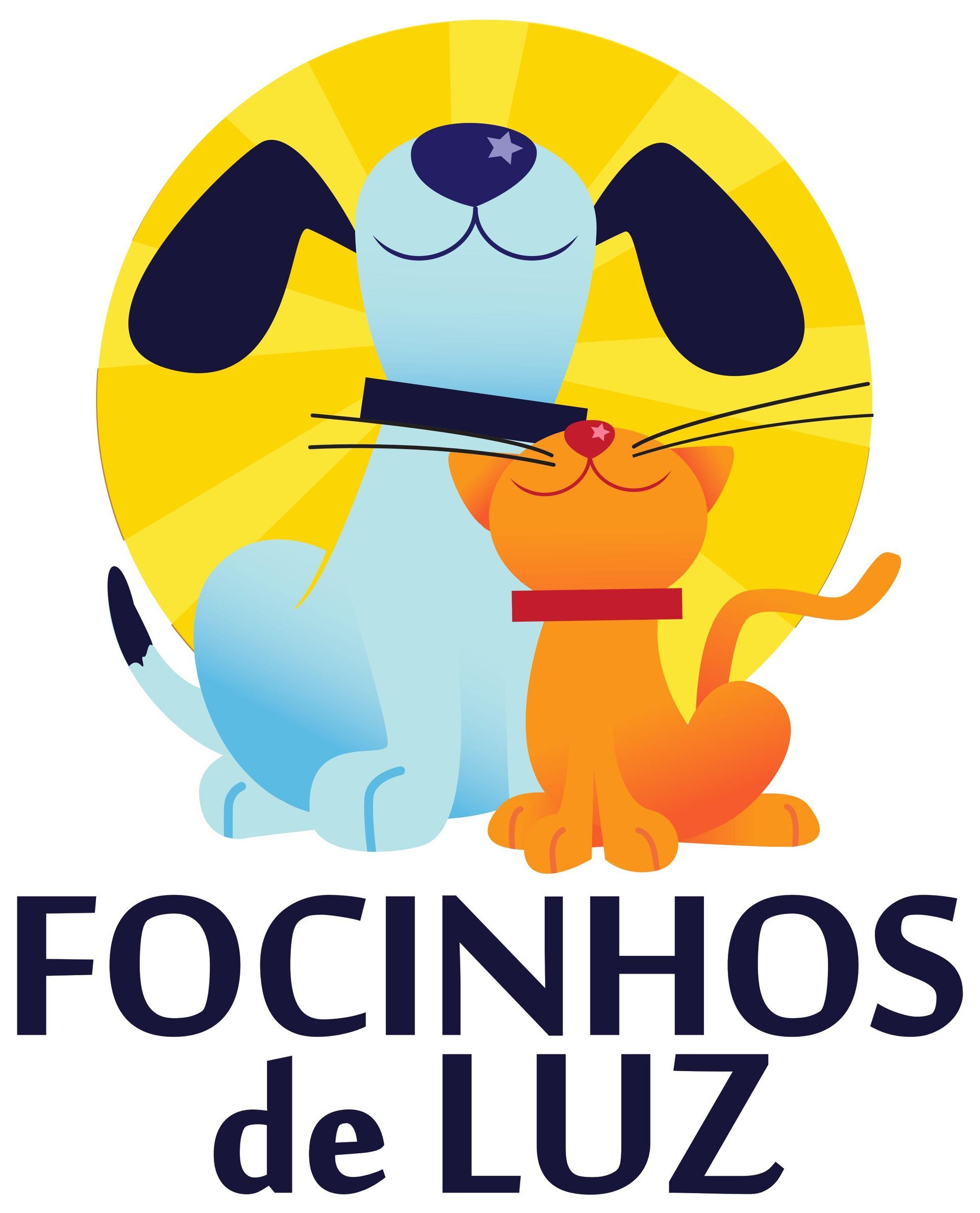 The logo for focinhos de luz shows a dog and a cat